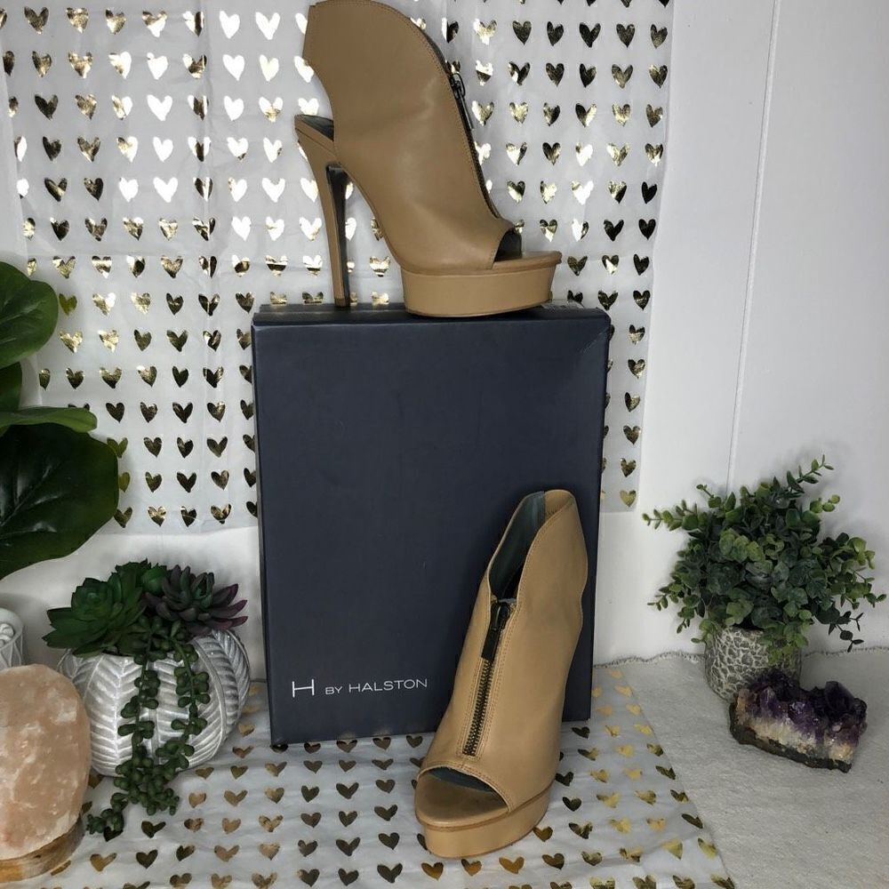 H By Halston Womens Leather Slingback Zipper Platform Stiletto Sandals Tan Sz 7